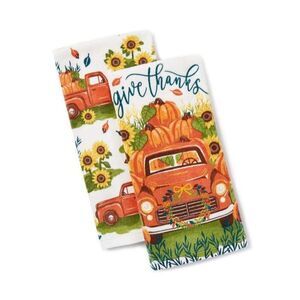 Give Thanks Truck Pumpkin Harvest 2-pc Kitchen Towels Sunflowers Cotton Orange